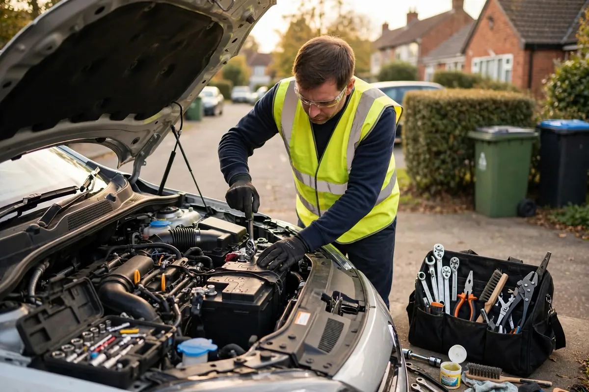 Technician fitting a new car battery under an open bonnet in Birmingham