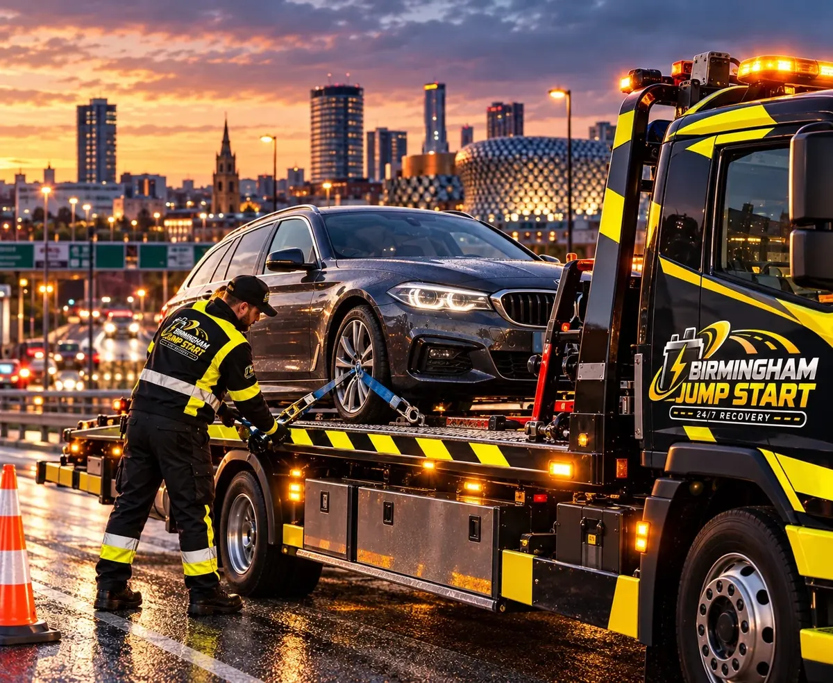Car secured on a Birmingham Jump Start flatbed recovery truck