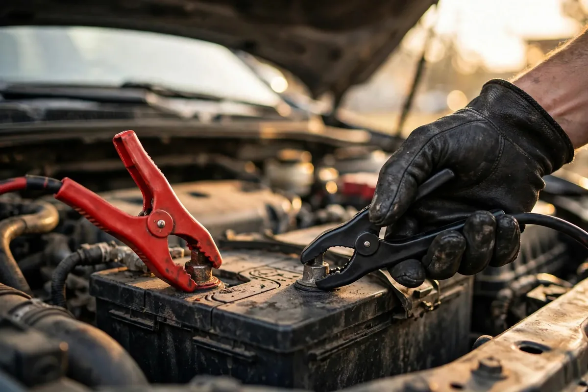 Close-up of jump leads connected to a car battery during a jump start in Birmingham
