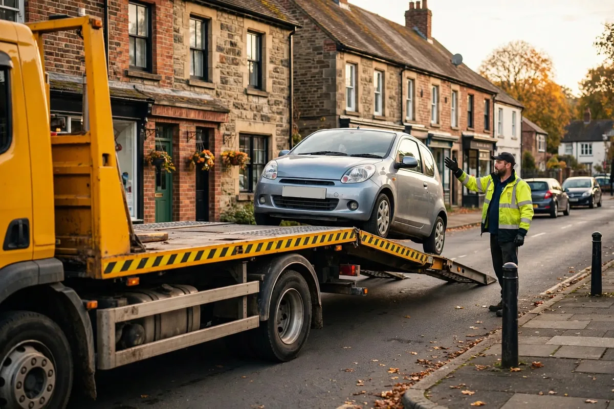 Recovery truck loading a broken-down car on a Birmingham street