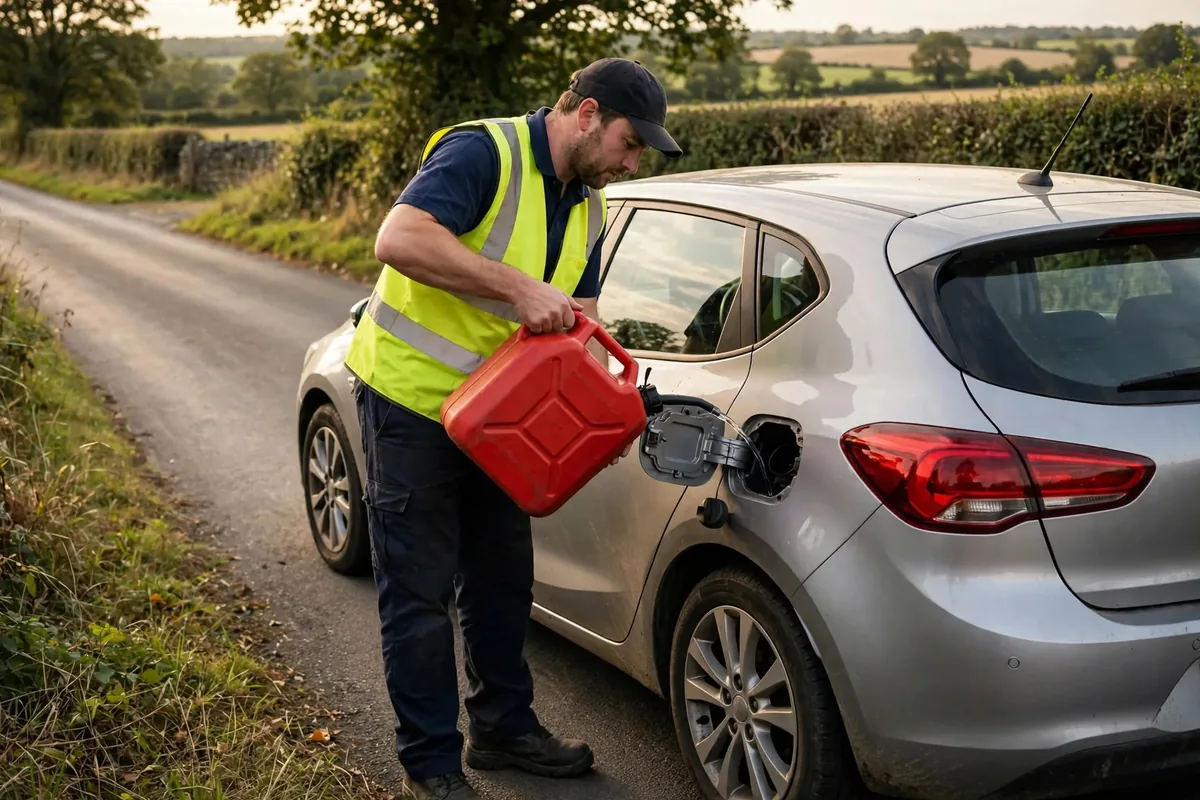 Technician delivering emergency fuel to a stranded car in Birmingham