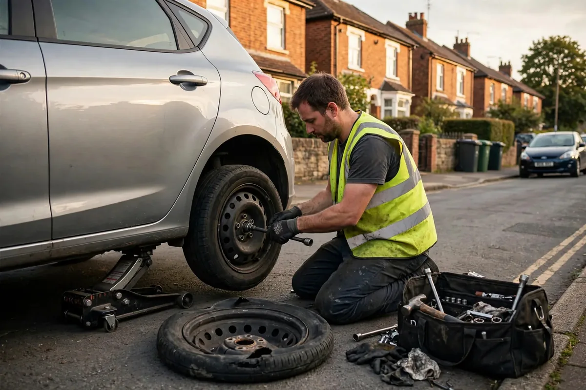 Mobile tyre change at the roadside in Birmingham