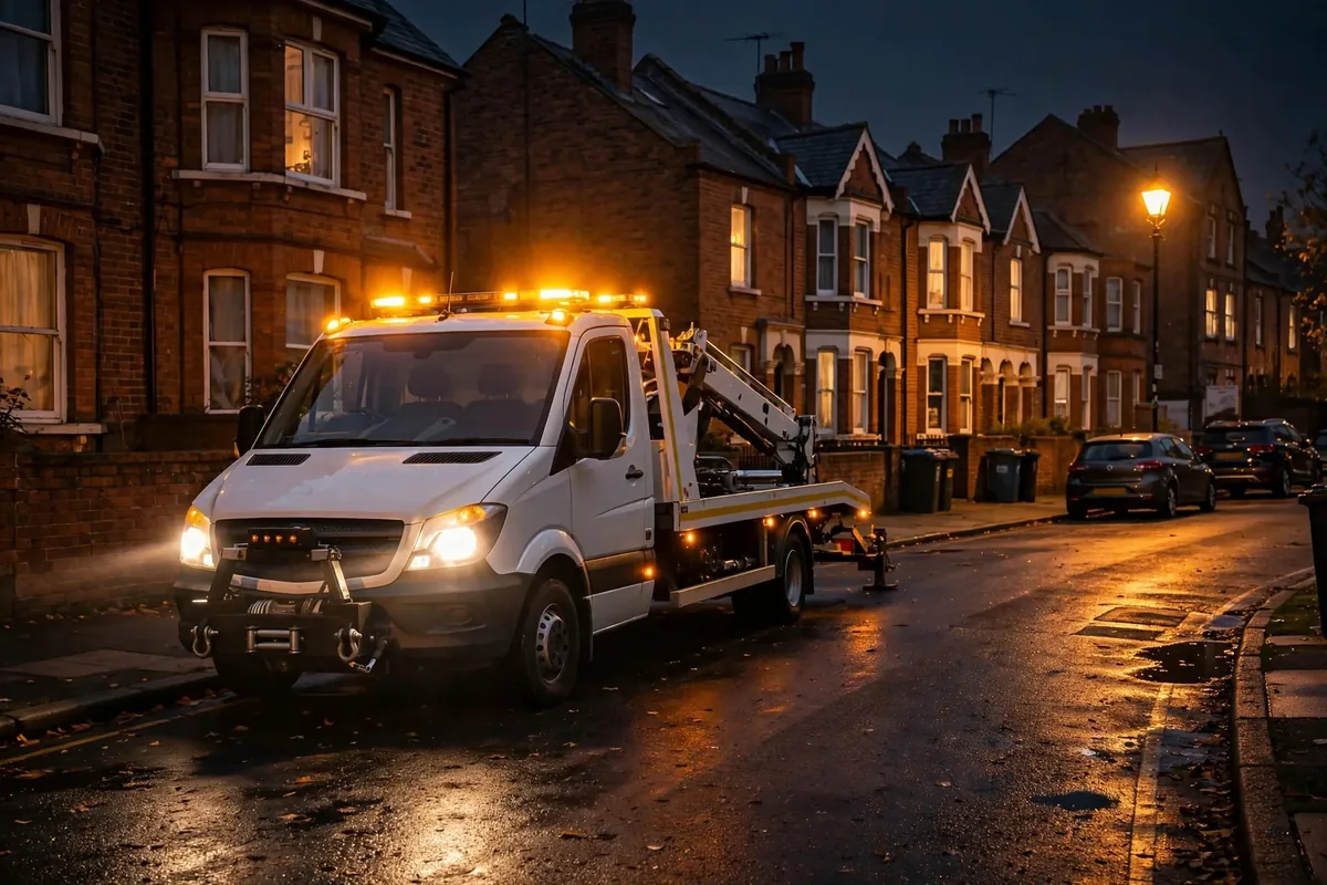 Birmingham Jump Start recovery van with amber beacons at night